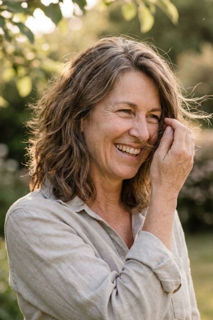 Woman outdoors in soft sunlight smiling while brushing hair from her face.