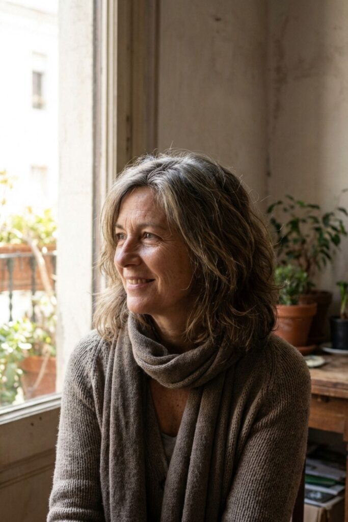 Woman in a cozy sweater and scarf sitting by a window with potted plants, looking outside.