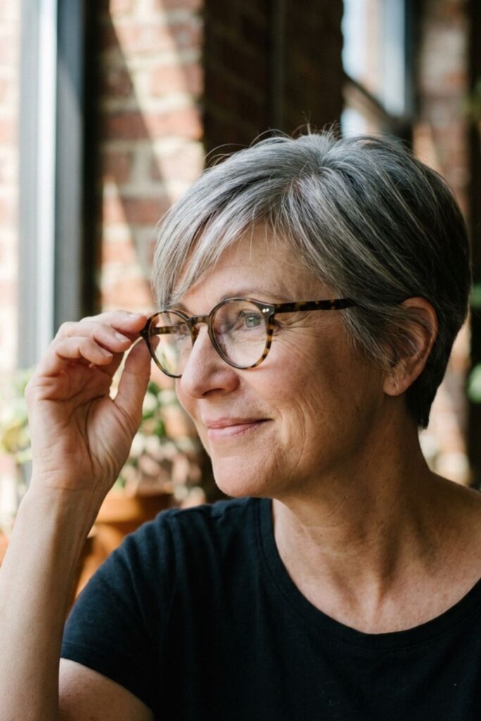 Woman with short gray hair adjusting her glasses while sitting indoors by a window.