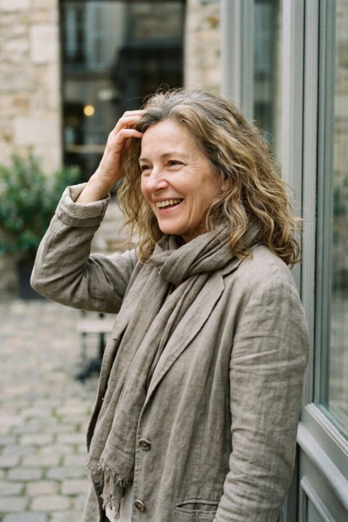 Woman in a neutral-toned jacket and scarf smiling while standing outside near a glass window.