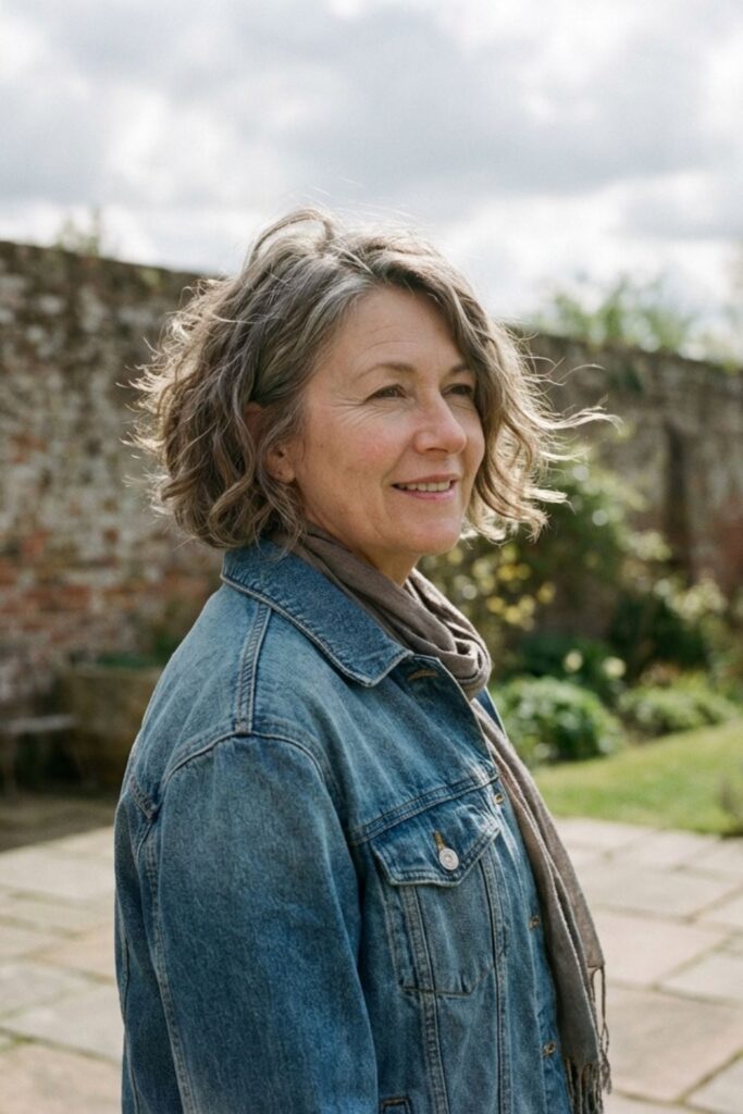Woman in a denim jacket and scarf standing outdoors in a garden courtyard, looking off into the distance.