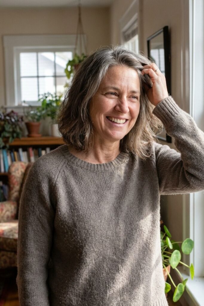 Woman indoors smiling warmly while touching her hair beside a bright window.