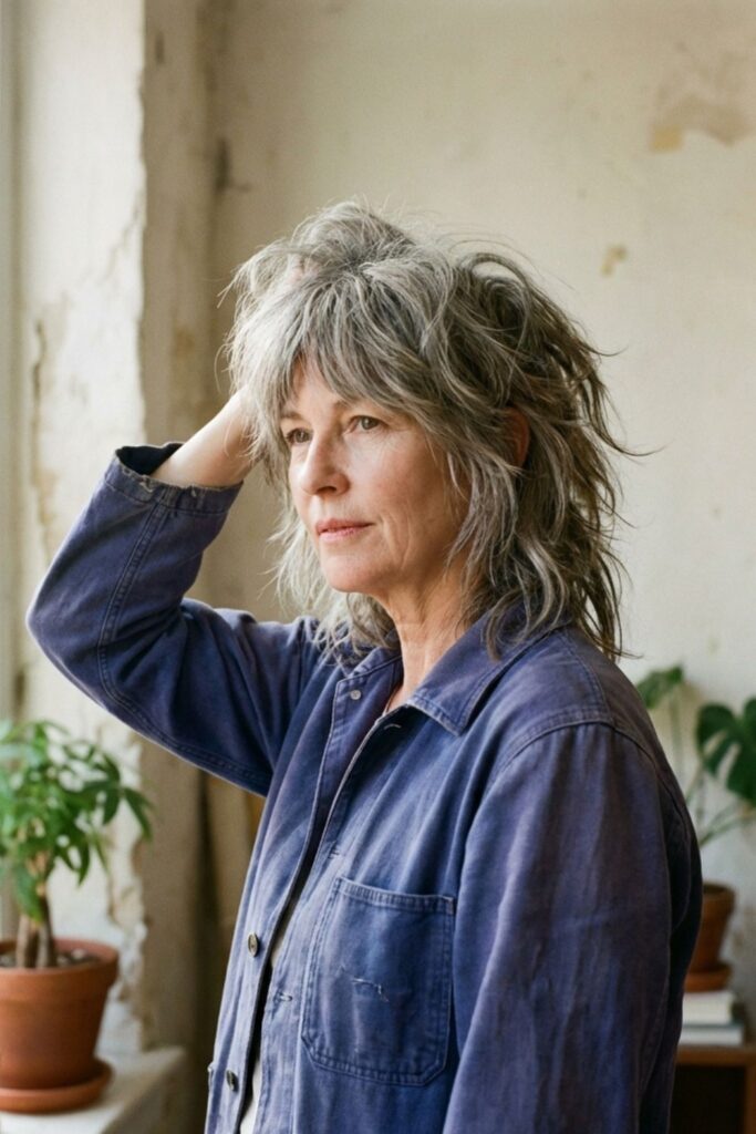 Woman with layered gray hair wearing a casual shirt, standing indoors near plants and looking reflective.