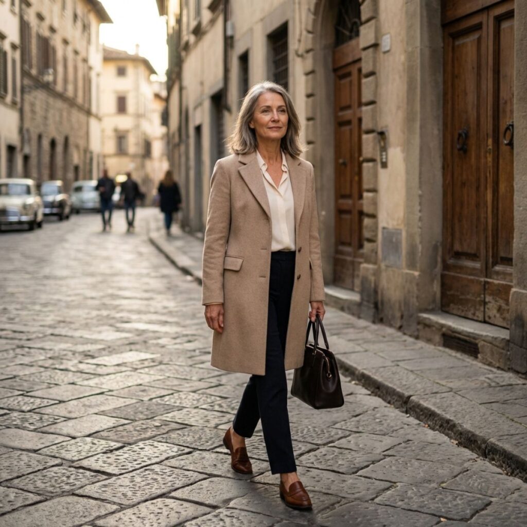 Woman in long coat walking along a cobblestone street lined with historic buildings.