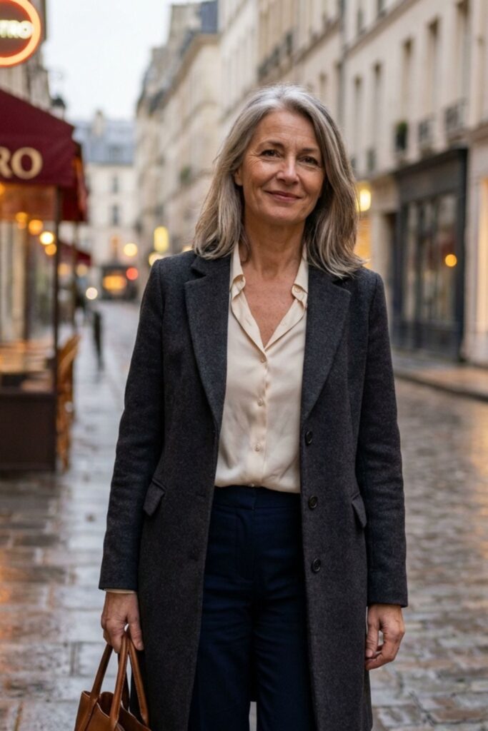 Woman in dark coat standing on a rainy city street near a bistro.