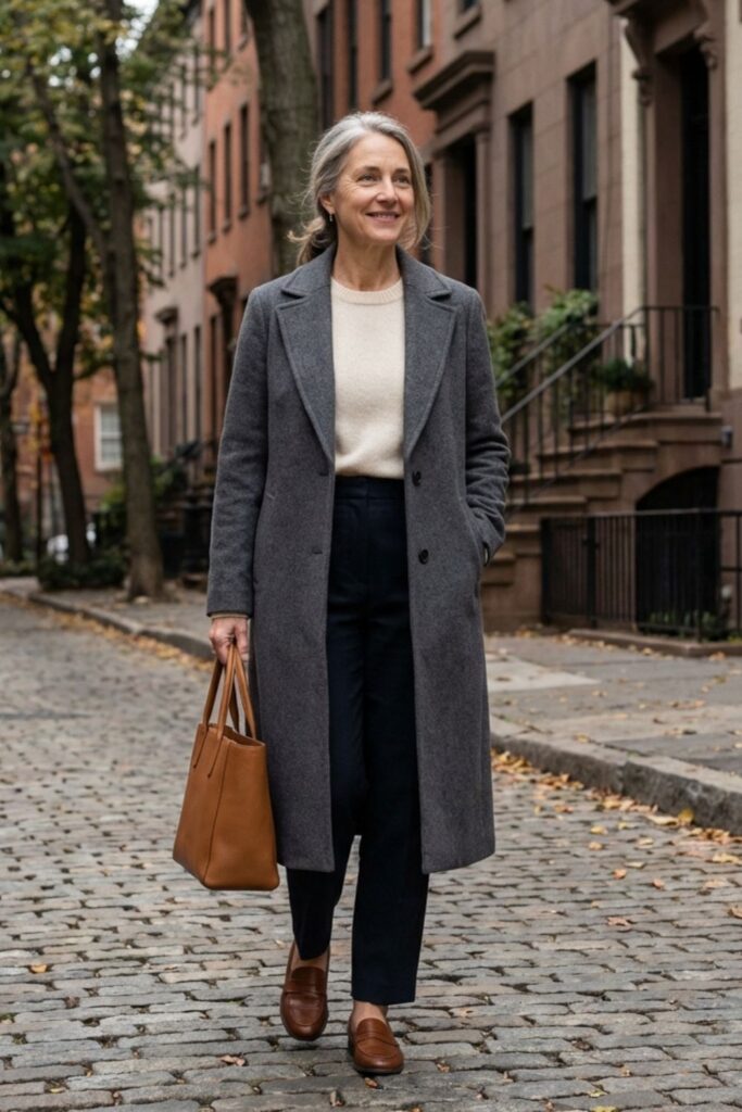Woman in gray coat walking down a cobblestone street in a residential neighborhood.