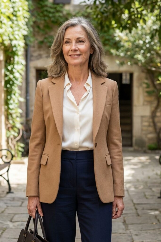 Woman in camel blazer and navy trousers standing in a leafy courtyard with benches.