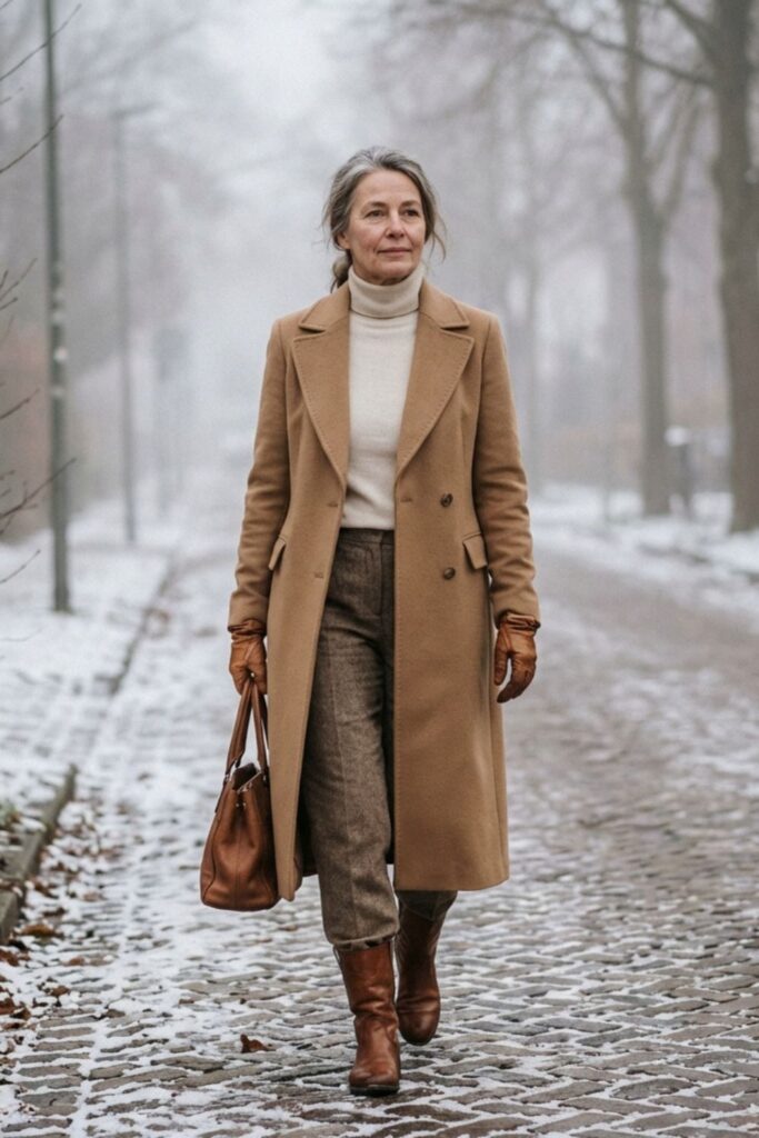 Woman in camel coat and boots walking along a snowy cobblestone street.
