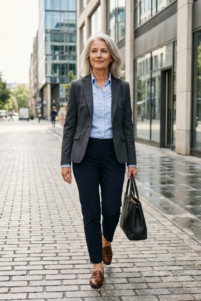 Woman in gray blazer and navy pants walking confidently down a modern city street.