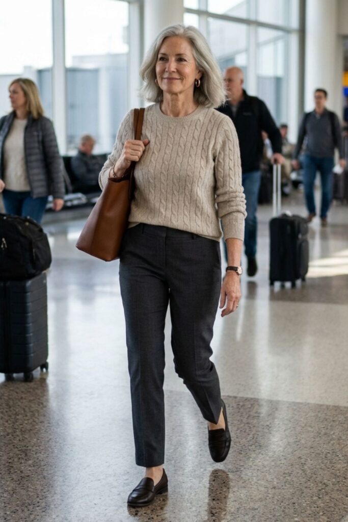 Woman in beige sweater and trousers walking through an airport terminal with a tote bag.