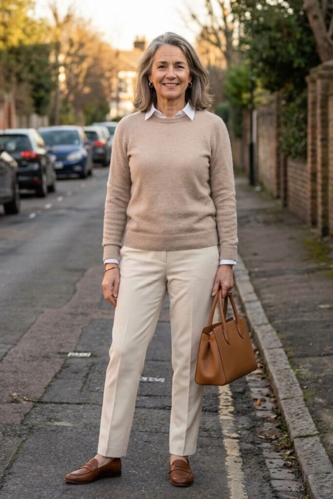 Woman in beige sweater and cream pants standing on a residential street holding a handbag.