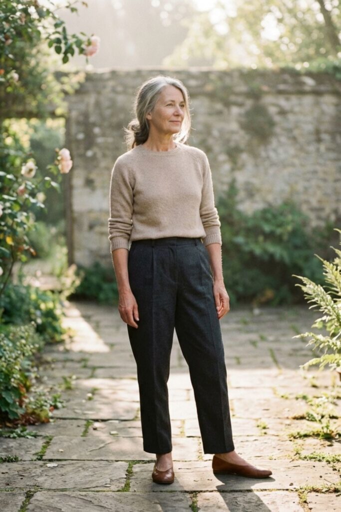 Woman in neutral sweater and trousers standing in a peaceful garden courtyard.