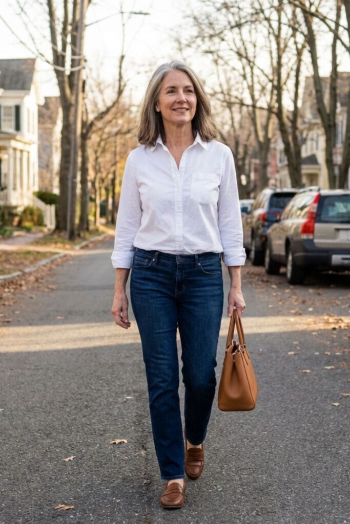 Woman in white button-down shirt and jeans walking down a quiet suburban street.