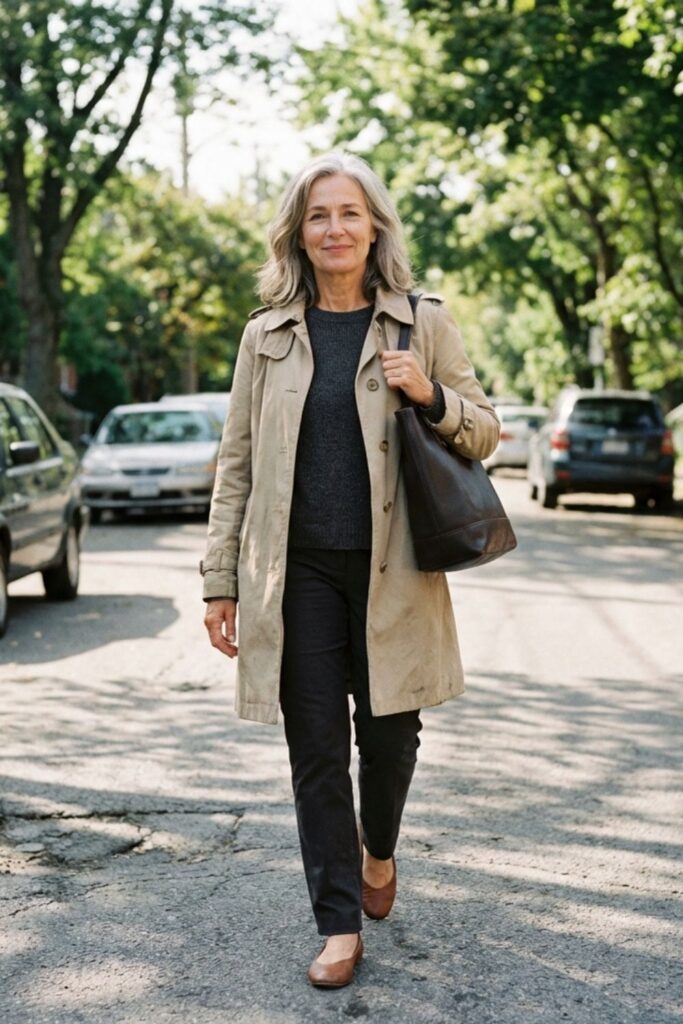 Woman in beige trench coat walking confidently down a sunny neighborhood street.