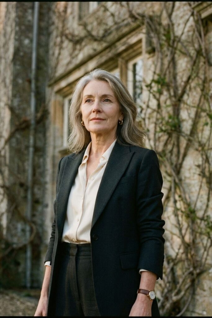 Woman in black blazer and cream blouse standing outside a historic stone building with ivy.