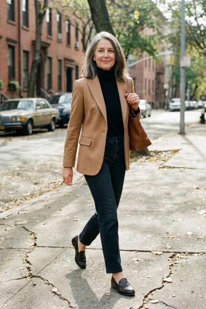 Woman in camel blazer and black turtleneck walking along a tree-lined residential street.