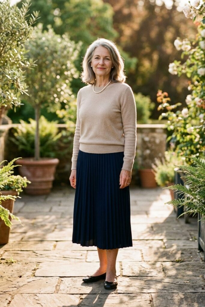 Woman in beige sweater and navy pleated skirt standing in a sunlit garden courtyard.