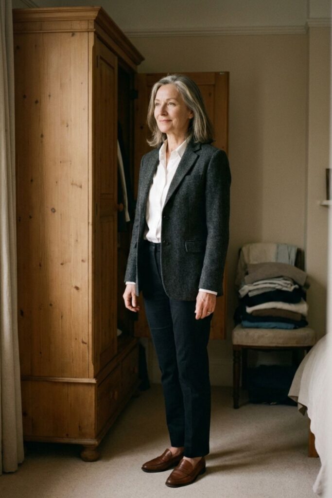 Woman in blazer and trousers standing by a window in a softly lit bedroom.