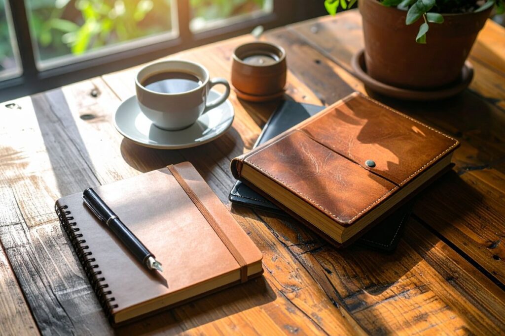Sunlit desk with leather journals, pen, and cup of coffee near a window.