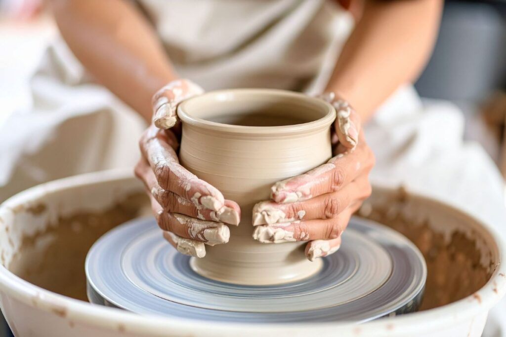 Close-up of hands shaping clay on a pottery wheel during creative workshop.