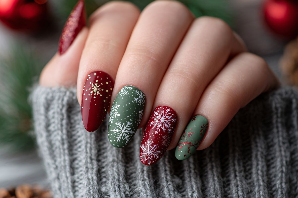 Red and green winter nails with gold flakes and snowflakes.
