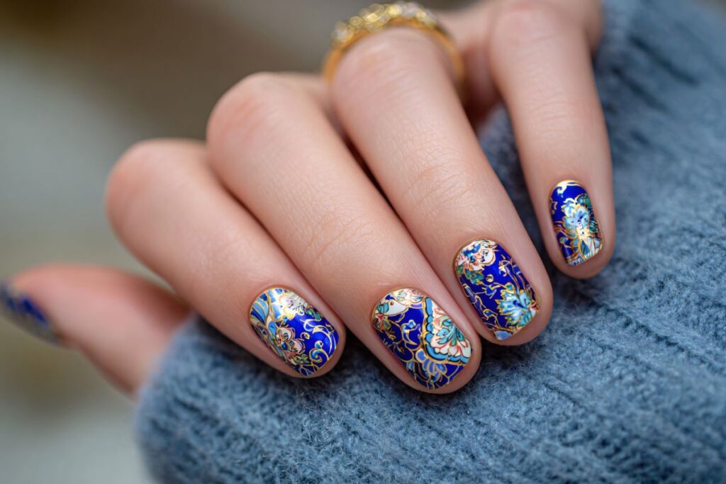 Royal blue patterned winter nails with gold floral detail.