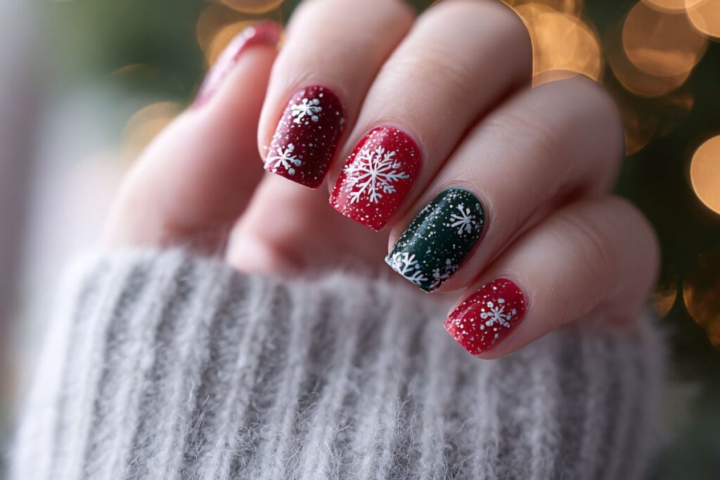 Short red and green snowflake nails with cozy gray sweater.
