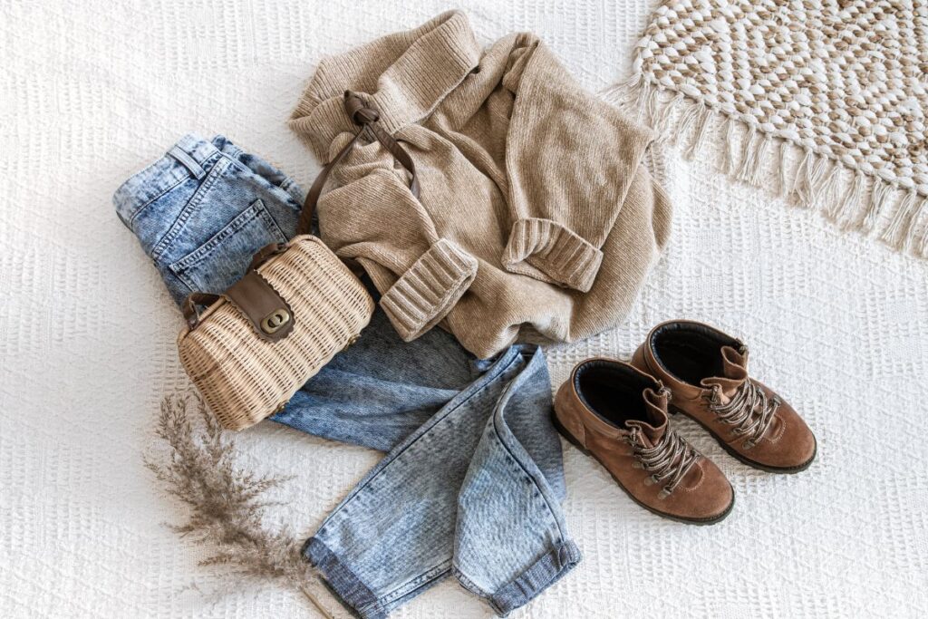 Flat lay of jeans, beige sweater, boots, and woven bag showing a cozy winter travel outfit idea for women over 50.