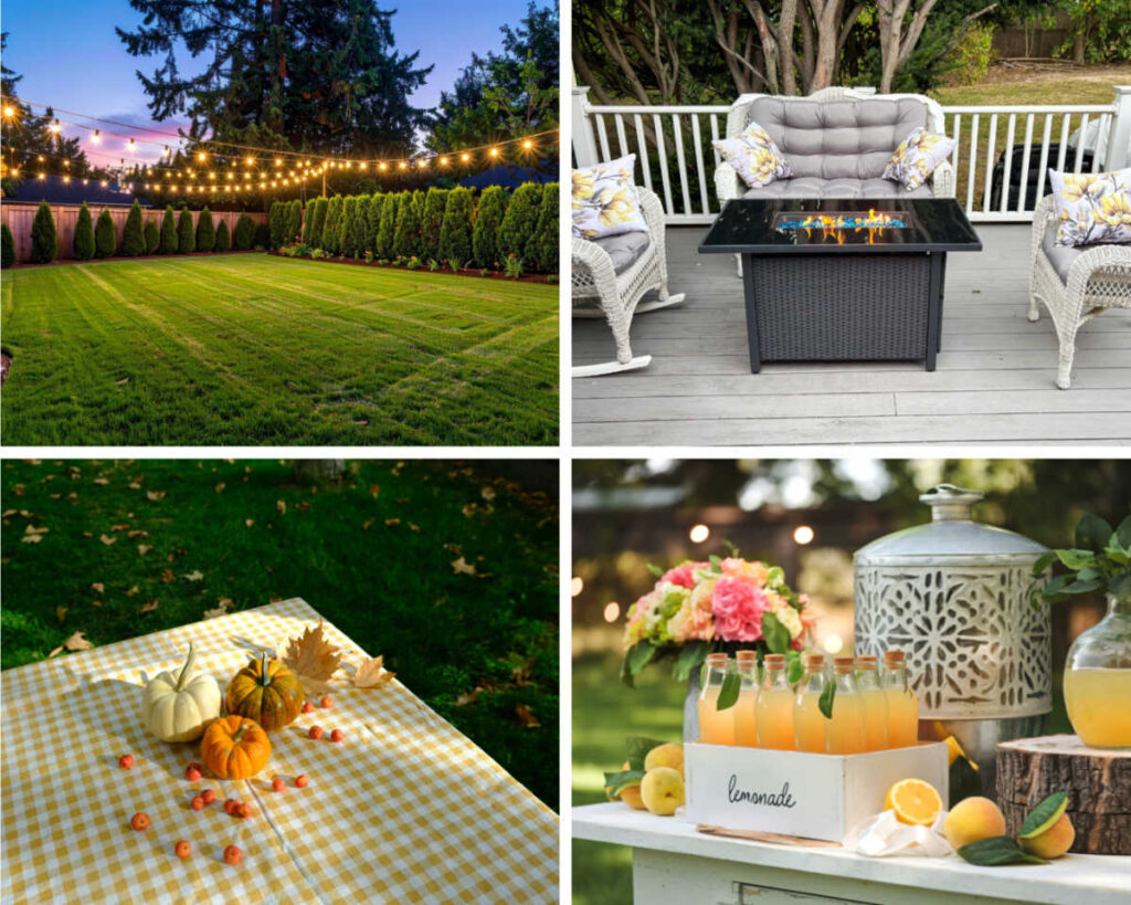 A collage featuring a backyard dinner setup with string lights, cozy fire pit, and picnic-style tables with seasonal décor.