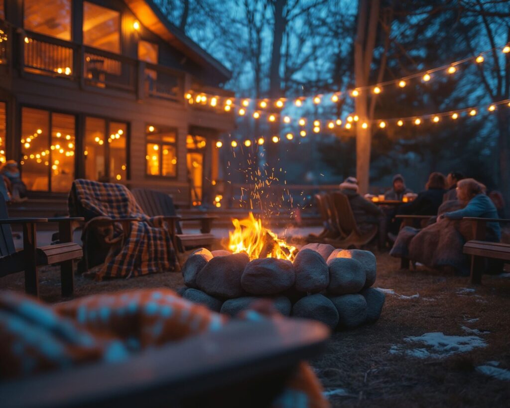 A cozy evening scene in a backyard, featuring a blazing rock fire pit surrounded by Adirondack chairs draped with blankets, with people gathered in the background. The area is illuminated by warm string lights hung above a wooden cabin or house with lit windows and surrounding trees.