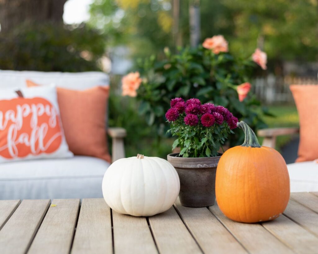 A close-up of a wooden patio table decorated for autumn, featuring a small white pumpkin, an orange pumpkin, and a terracotta pot of deep magenta chrysanthemum flowers. In the blurred background, there are white outdoor chairs with orange pillows, one reading 'Happy Fall,' and blooming orange flowers.