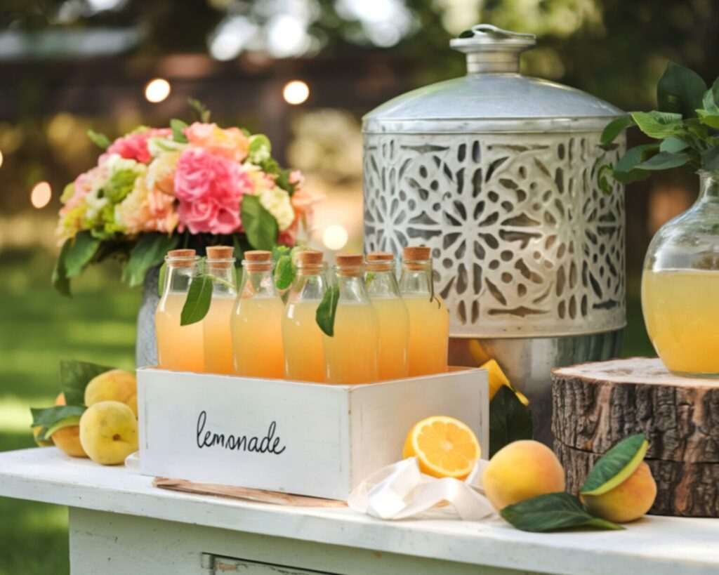 A rustic outdoor drink station featuring a white wooden crate labeled "lemonade" holding several corked glass bottles of yellow lemonade, set on a white table. The display also includes a decorative metal beverage dispenser, fresh peaches and lemons, a floral arrangement with pink and peach flowers, and string lights visible in the soft-focus background.