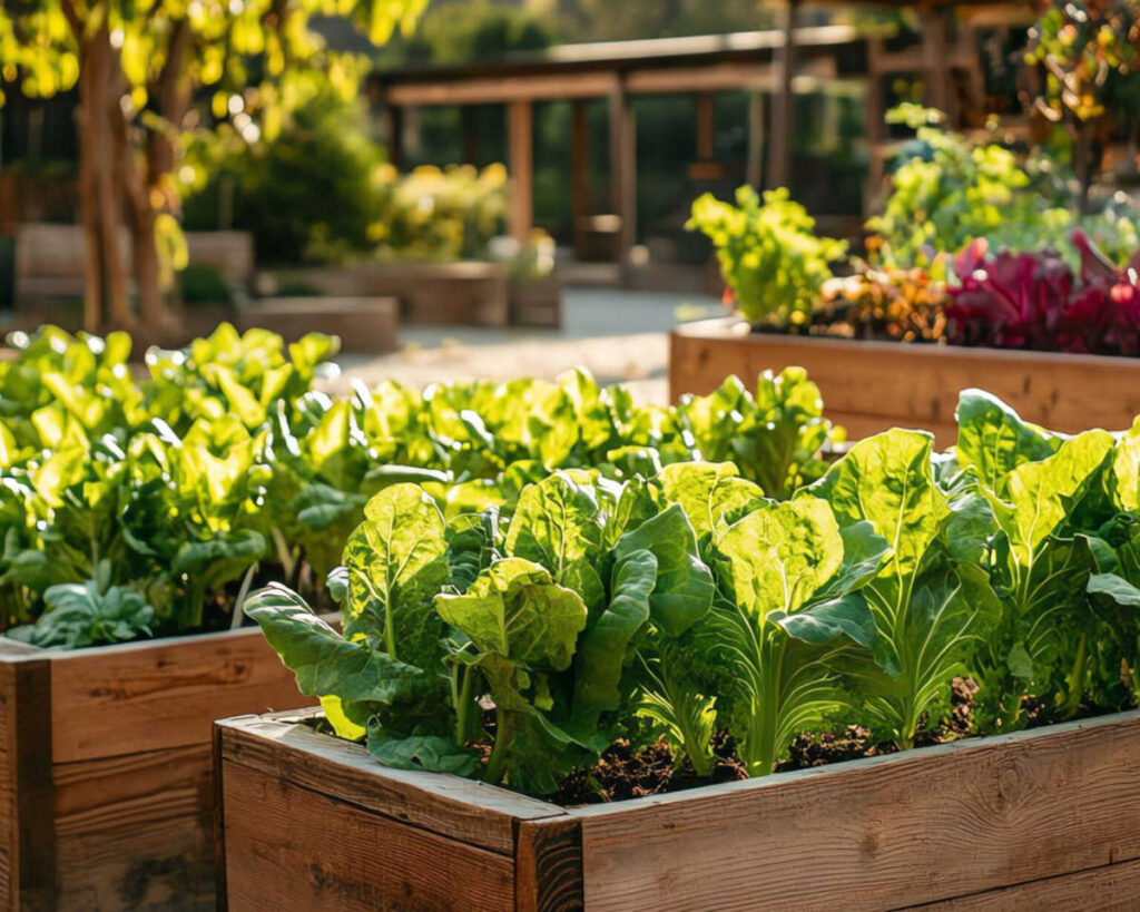 A close-up of lush, vibrant green lettuce or collard greens growing in raised wooden garden beds, illuminated by bright afternoon sunlight. More raised beds and a wooden pergola structure are visible in the soft-focus background of the garden.
