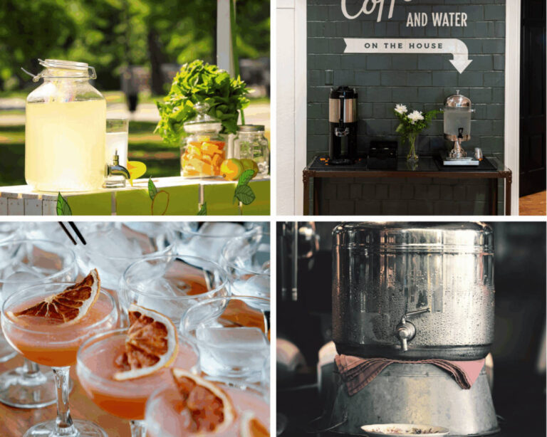 A collage featuring a lemonade stand setup, rustic coffee station, cocktail bar with garnishes, and an infused water dispenser—highlighting fun and stylish drink station ideas for gatherings.