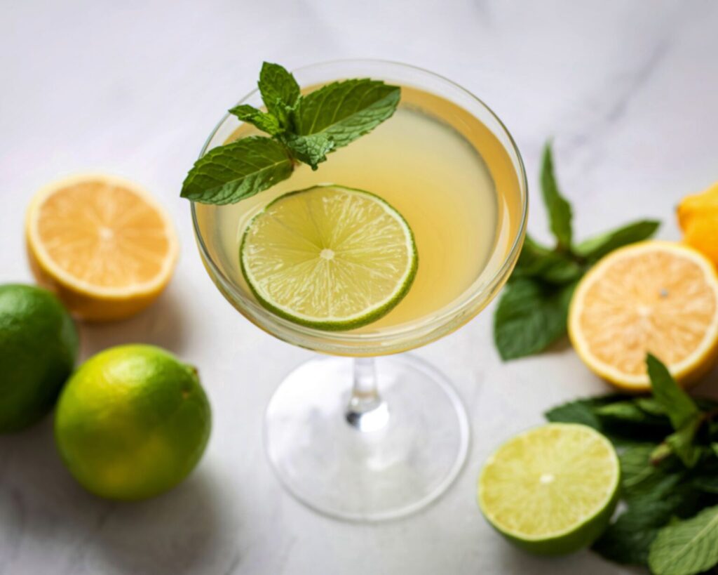 An overhead close-up of a coupe glass filled with a pale yellow cocktail, garnished with a lime slice floating inside and a sprig of fresh mint. The glass is surrounded by halved lemons, whole limes, and extra mint sprigs on a white marble surface.