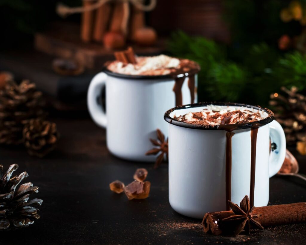 Two white enamel mugs of thick hot chocolate or mocha, each topped with whipped cream, cocoa powder, and a cinnamon stick. Chocolate syrup is dripping down the sides of the mugs, which are set on a dark, rustic table surrounded by star anise, pinecones, and holiday greenery.