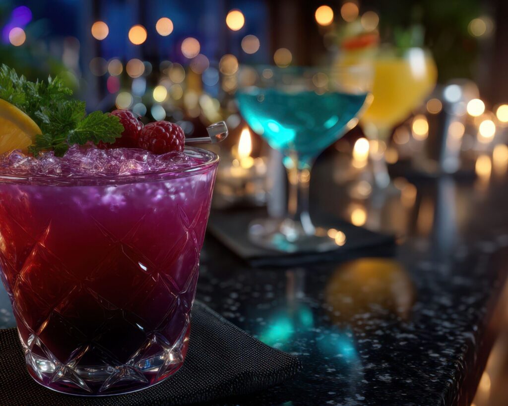 A close-up of a vibrant purple or magenta cocktail served over crushed ice in a diamond-cut rocks glass, garnished with raspberries and a mint sprig. The drink is set on a dark bar counter with a bright blue martini and yellow cocktail out of focus in the background, surrounded by string lights and candles.