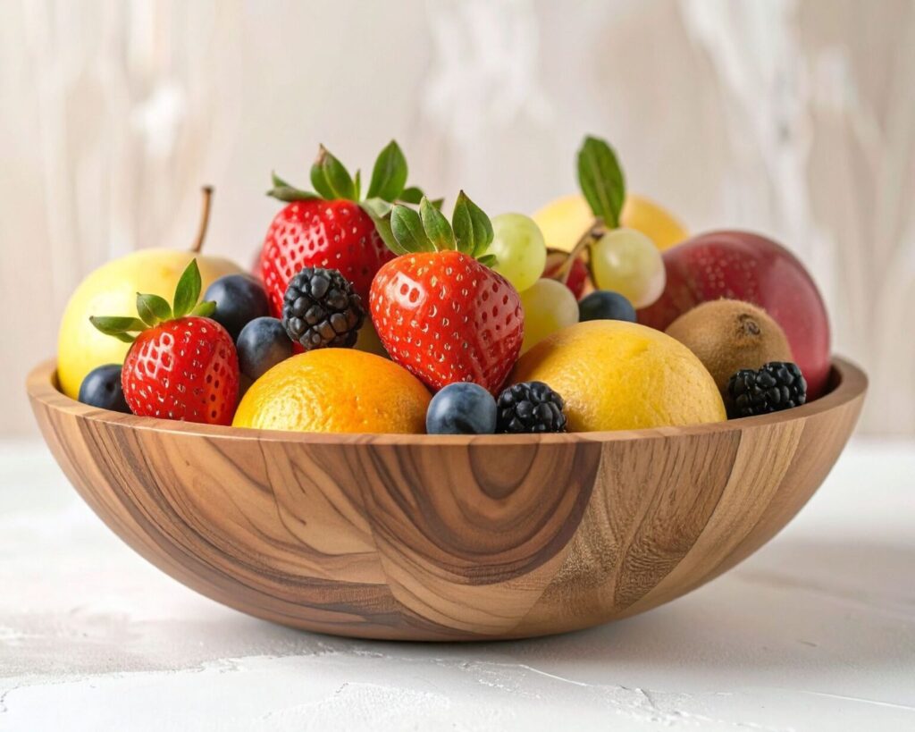 A natural wood grain bowl filled with a variety of fresh colorful fruits, including strawberries, blueberries, blackberries, lemons, oranges, grapes, yellow apples, and kiwi, set on a white surface.