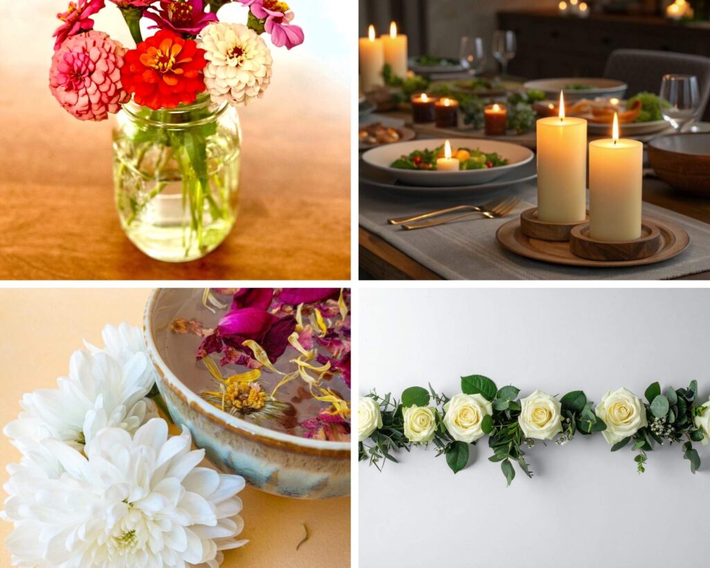 A collage featuring mason jars with flowers, floating candles, fruit bowls, and greenery garlands—showcasing easy DIY centerpiece ideas for any occasion.