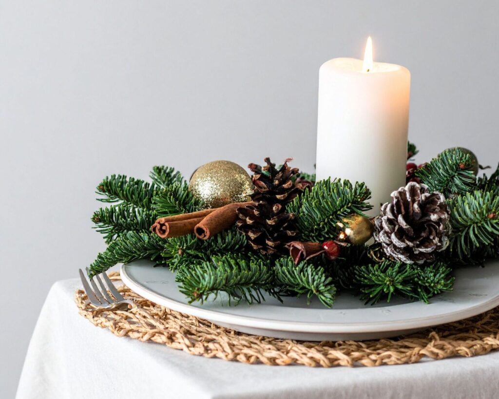 A festive holiday table setting featuring a centerpiece of a thick white pillar candle surrounded by evergreen boughs, cinnamon sticks, natural and frosted pinecones, and small gold glitter ornaments. The centerpiece is placed on a light gray plate, which rests on a round woven placemat.