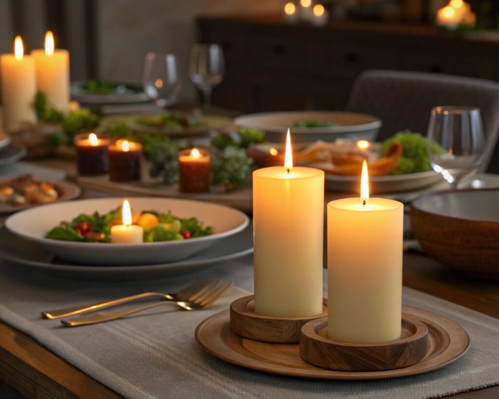A formal or holiday dining table set for dinner in warm, dim light. The centerpiece features two large lit pillar candles on wooden coasters, with golden forks and place settings visible. Multiple smaller votive candles and plates of food, including salads, decorate the long table.