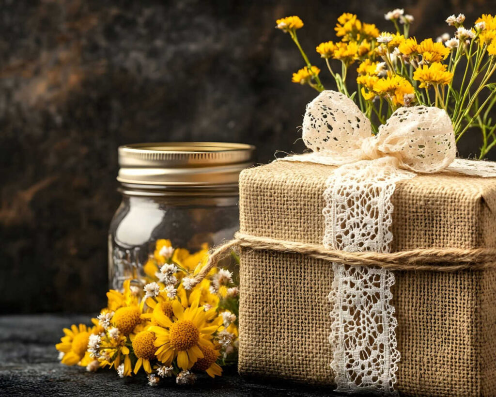 A close-up of a rustic gift box wrapped in burlap and tied with a wide, creamy lace ribbon, sitting next to a glass mason jar. The scene is decorated with a bouquet of vibrant yellow field flowers and small white filler flowers against a dark, textured background.