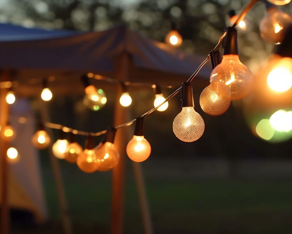 A close-up of a string of glowing, warm-toned Edison-style outdoor string lights, with some bulbs in sharp focus and others creating a soft bokeh effect. A canopy or tent is visible in the soft-focus background at dusk.