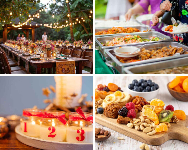 A collage featuring string lights over an outdoor table, a potluck buffet with friends serving food, candles in glass jars, and a DIY snack board—highlighting creative party hosting ideas on a budget.