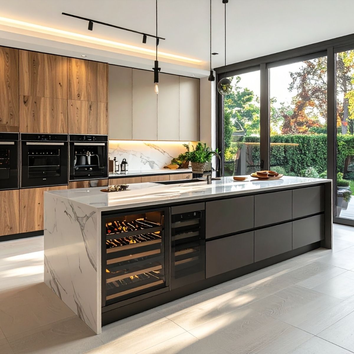 Modern kitchen with a marble island, wine fridge, wood cabinetry, and large glass doors to a garden.