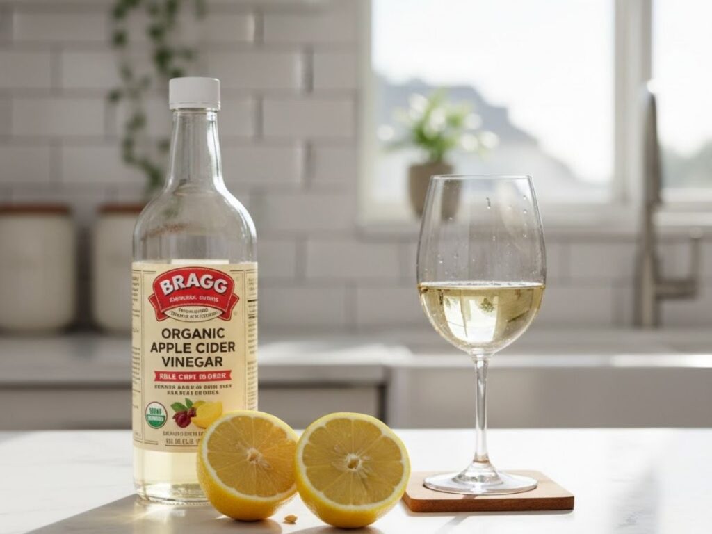 Bottle of Bragg Organic Apple Cider Vinegar, sliced lemons, and a glass of white liquid on a kitchen counter.