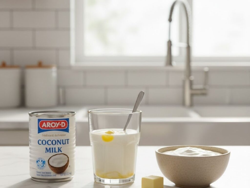 Can of coconut milk, a glass of milk with melting butter, and a bowl of yogurt on a kitchen counter.