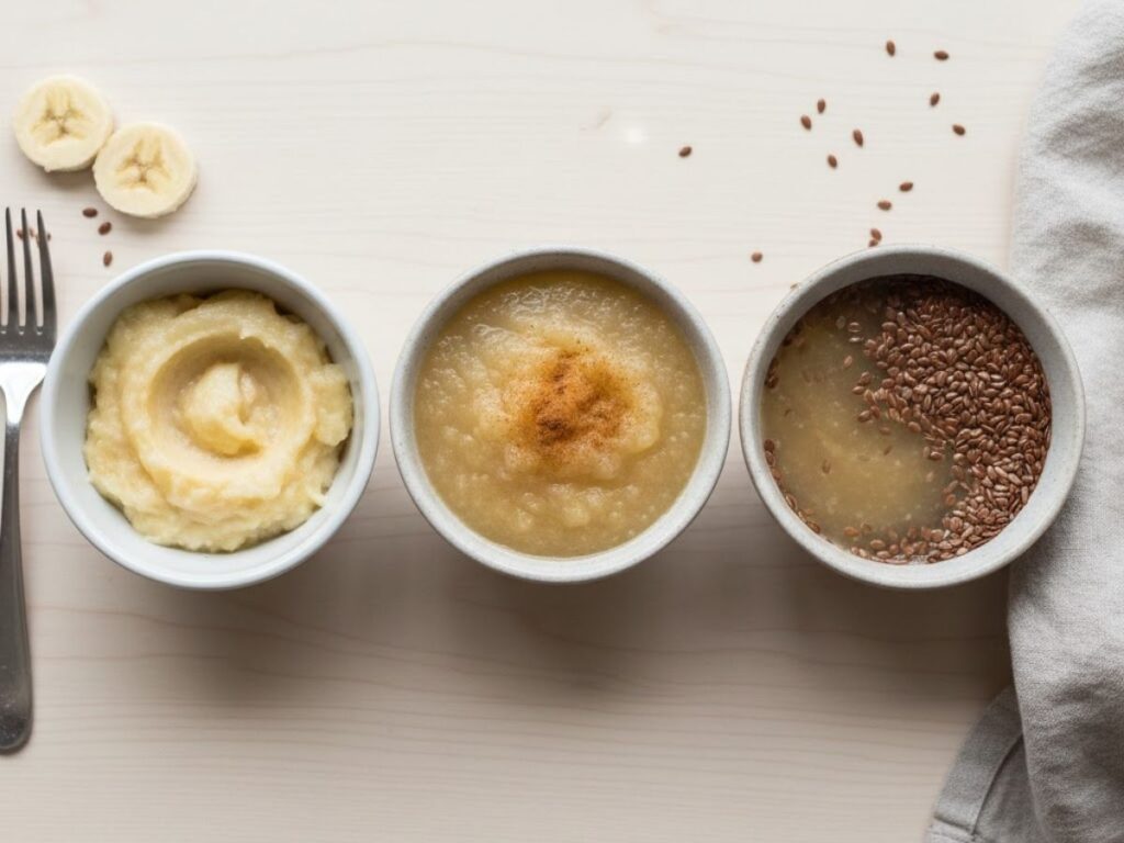 Three small bowls of mashed egg substitutes: mashed banana, applesauce with cinnamon, and flax egg mixture.