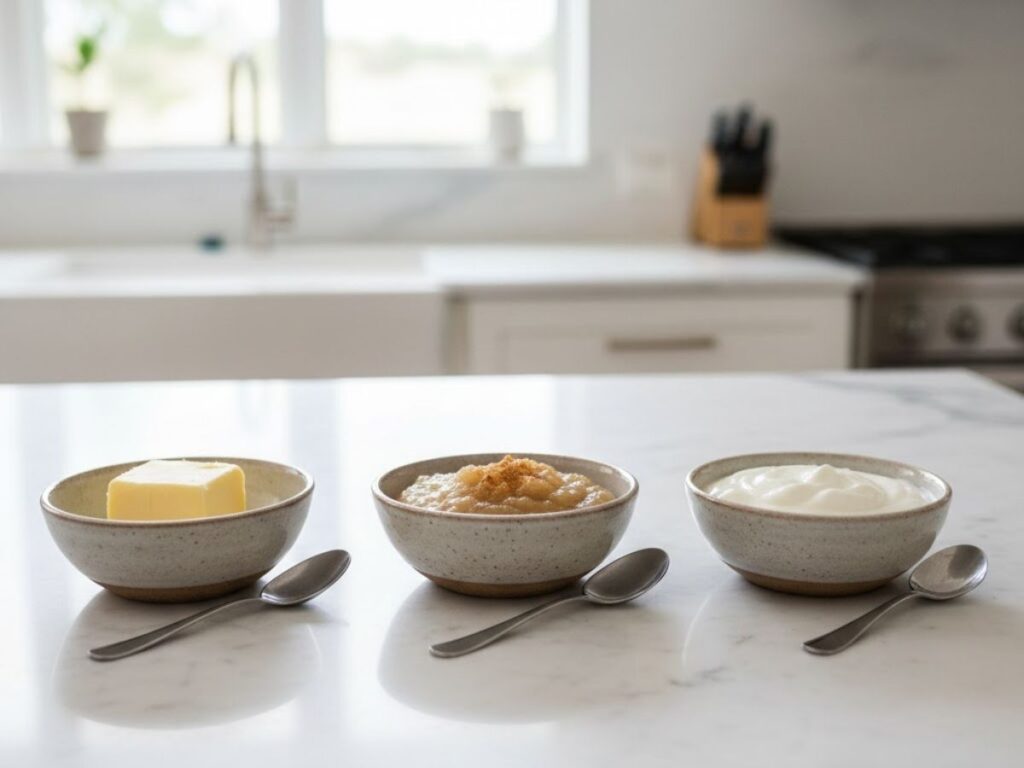 Three small speckled bowls containing a cube of butter, applesauce, and yogurt on a marble countertop.