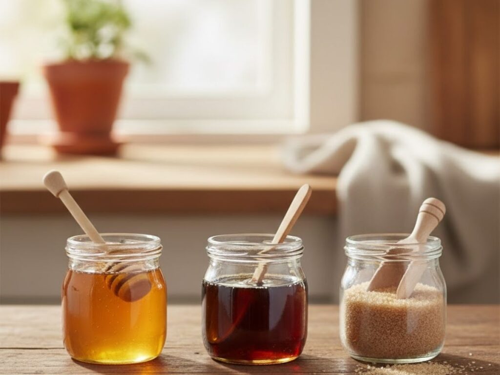 Three small jars holding honey, dark syrup, and brown sugar, each with a wooden utensil.